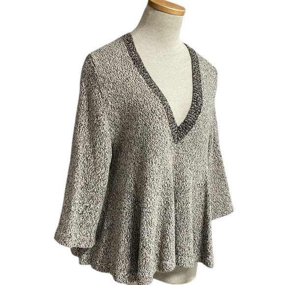 APIECE APART Sweater Deep Plunging V-neck Brown Marled Peplum Hem Size Medium - Picture 4 of 13